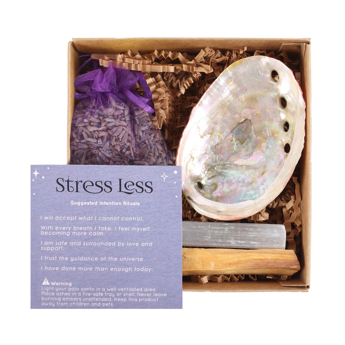 Stress Less Spell Kit with Guide Book, Abalone Shell, Lavender Leaves, Palo Santo Wood Stick and Selenite Crystal Wand (4/8)