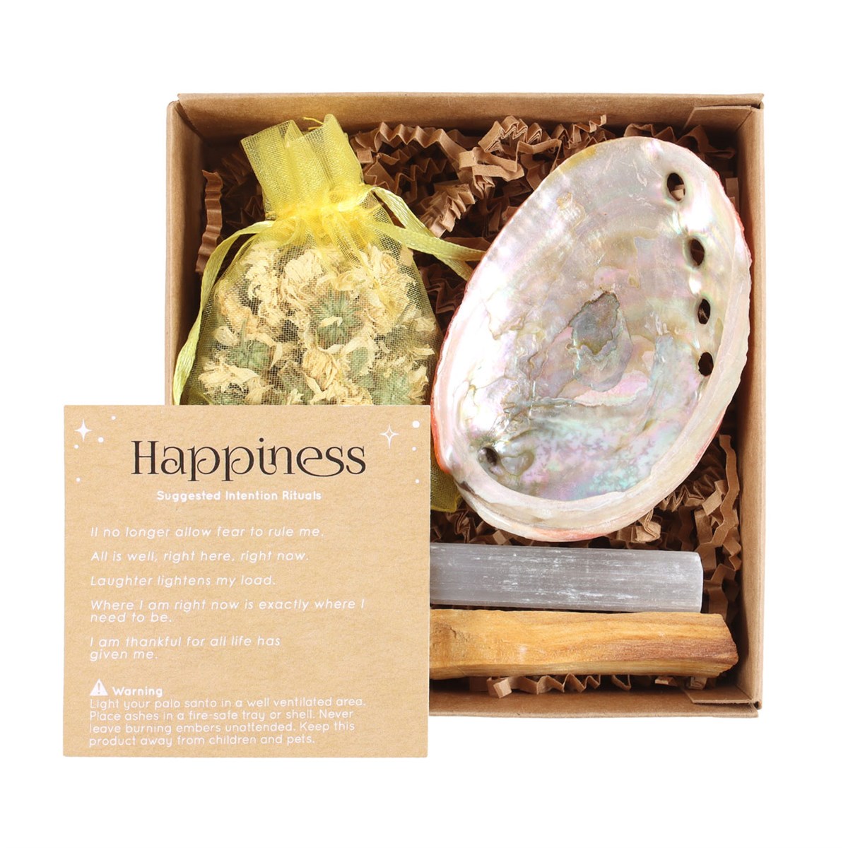 Happiness Spell Kit with Guide Book, Abalone Shell, Sunflower Leaves, Palo Santo Wood Stick and Selenite Crystal Wand