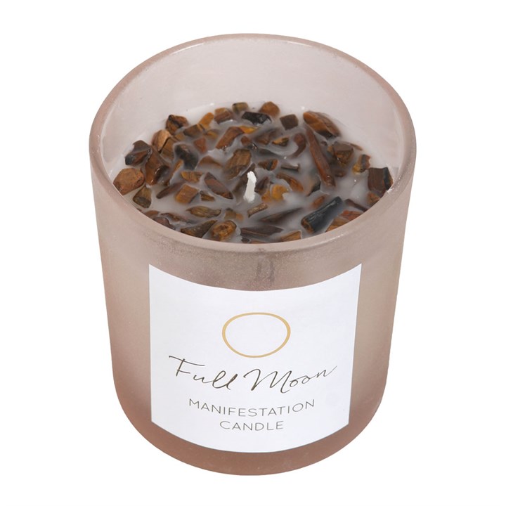 Full Moon Eucalyptus Tigers Eye Crystal Chip Candle