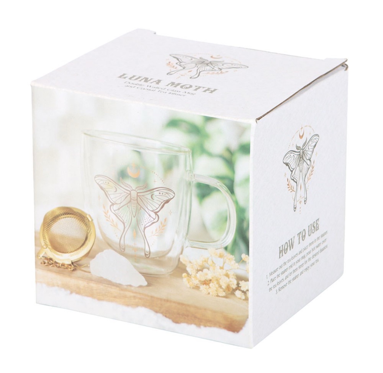 Luna Moth Double Walled Glass Mug & Crystal Tea Infuser
